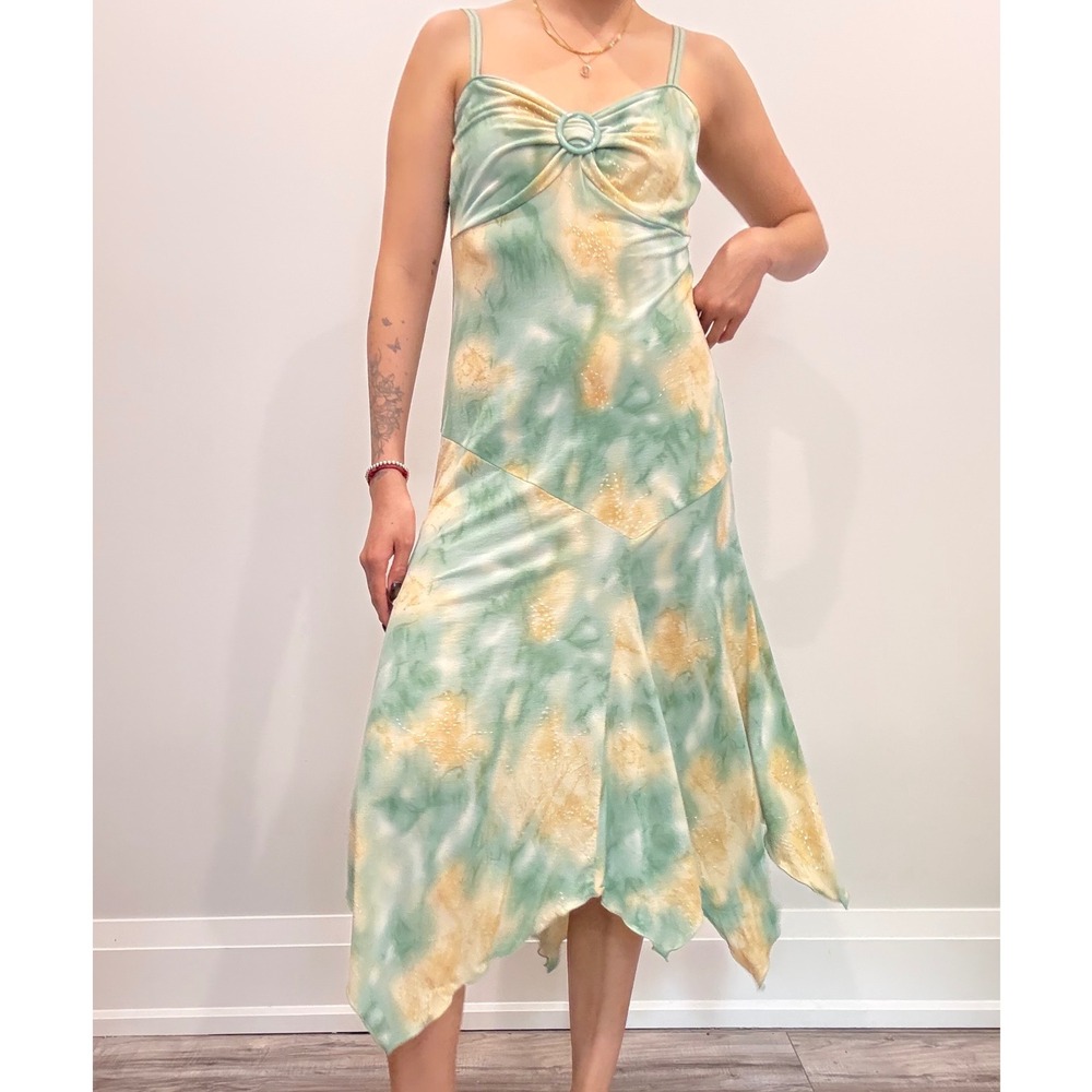 Y2K Green‎ Yellow Tie Dye Glitter O-Ring Handkerchief Hem Midi Dress